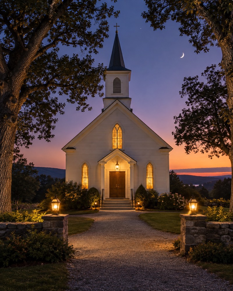 Cedar Grove church at dusk, its windows glowing, with a lantern-lit gravel path to the front door