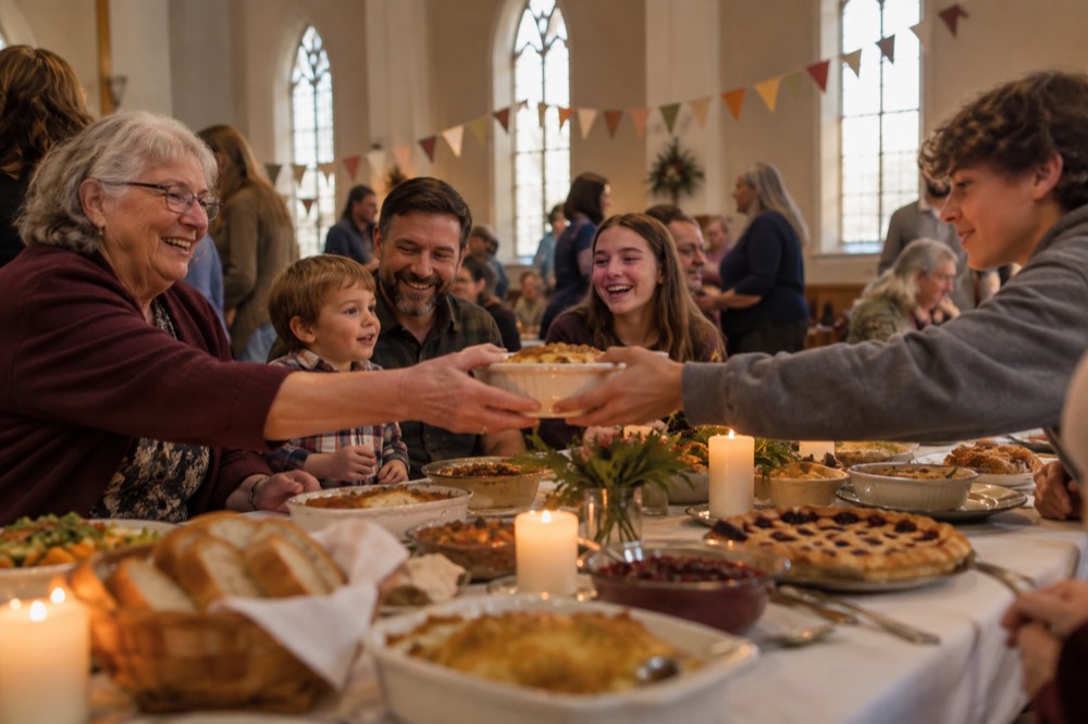 Neighbors of all ages passing a casserole across a candlelit potluck table in the fellowship hall